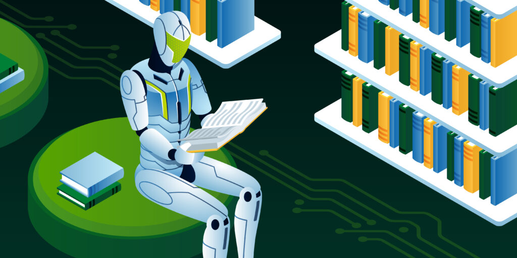 This,Colourful,Illustration,Shows,A,Robot,Who,Is,Reading,A